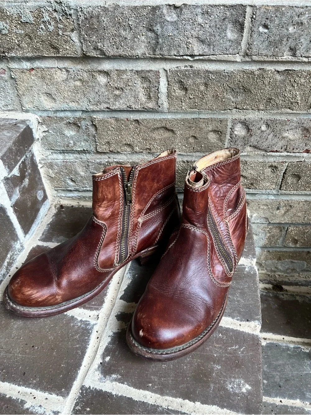 Bed Stu Cognac Leather Side-Zip Ankle Boots